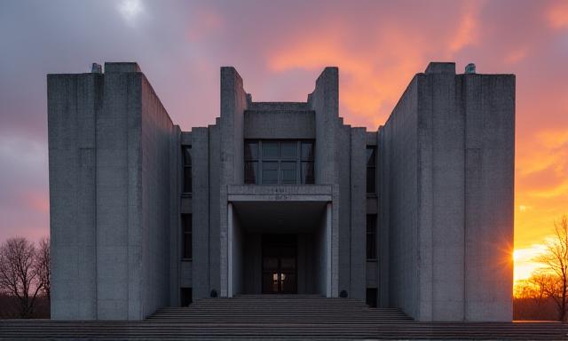 Brutalist concrete architecture in Eastern Europe at sunset