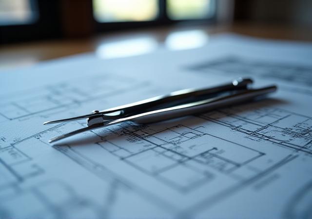 Close-up of a designer drafting tool on a blueprint, representing architectural precision